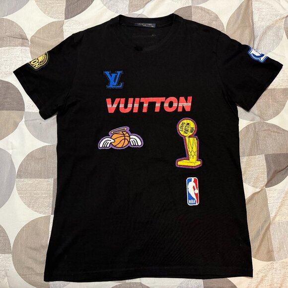 Louis Vuitton NBA Black Embroidered Multi Logo Patches T-Shirt Size 2X